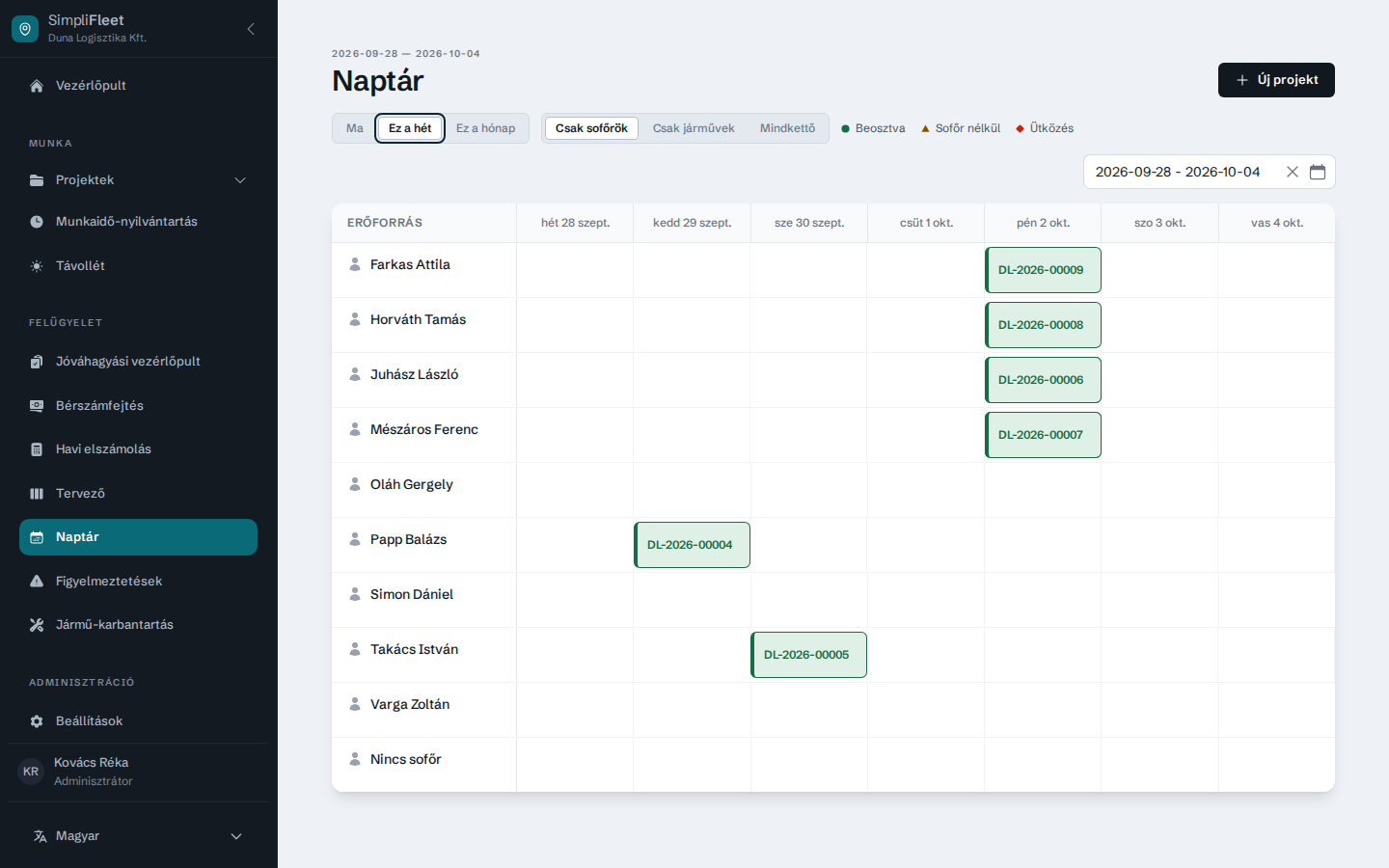SimpliFleet heti erőforrás-naptár sofőrönként