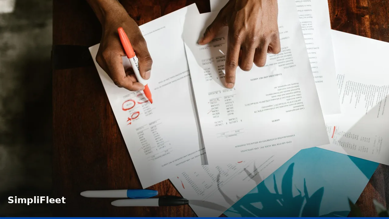 Corporate accountant analyzing fleet vehicle specifications and tax return records on a screen.