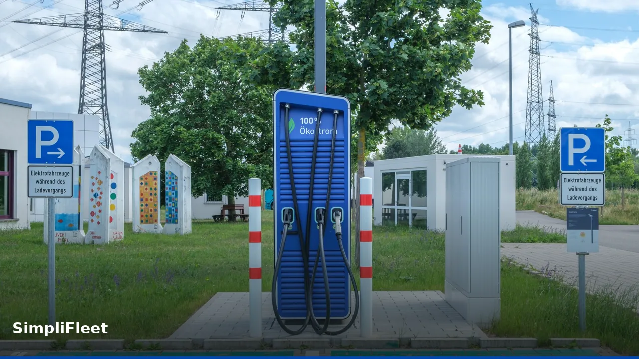 A modern corporate fleet manager reviewing electric vehicle charging logs and cost reports on a tablet in front of a mixed fleet of cars.