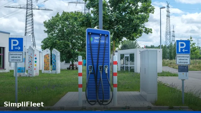 A modern corporate fleet manager reviewing electric vehicle charging logs and cost reports on a tablet in front of a mixed fleet of cars.
